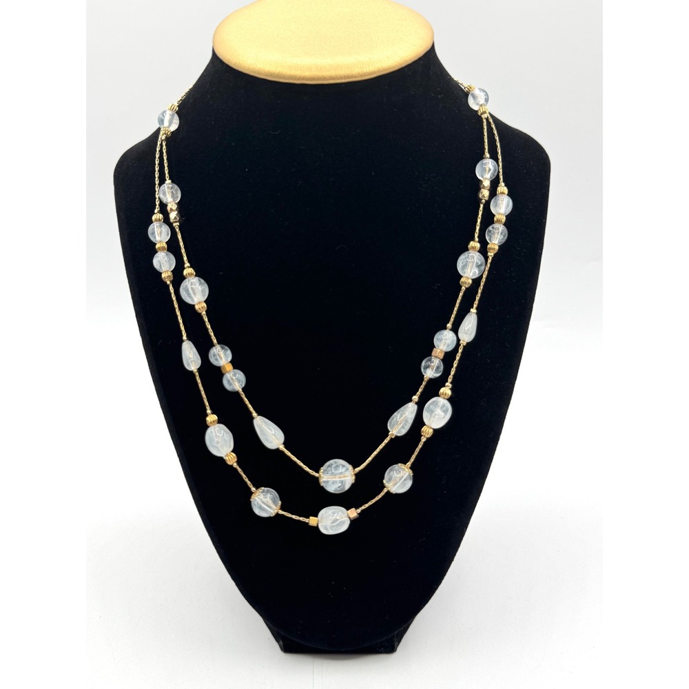 Gold Tone Double Strand Necklace Milky White Resin Bead Layered Statement 18"